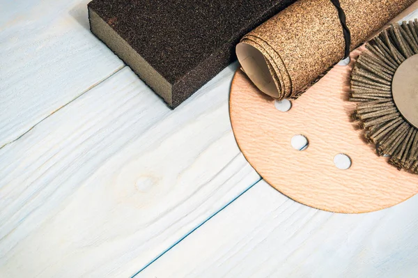 Set Abrasive Tools Sandpaper Wooden Blue Boards — Stock Photo, Image