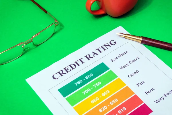 La forma di rating del credito sulla scrivania dell'ufficio verde con occhiali e penna alla moda, idea di business — Foto Stock