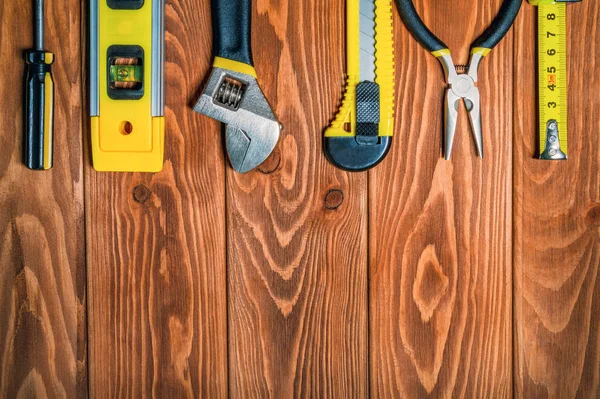 Attrezzo Mastro Costruttore Preparato Prima Del Lavoro Tavole Legno Vintage — Foto Stock