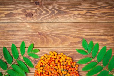 Kahverengi mahsulde kırmızı yaban mersini ve yeşil yapraklar.