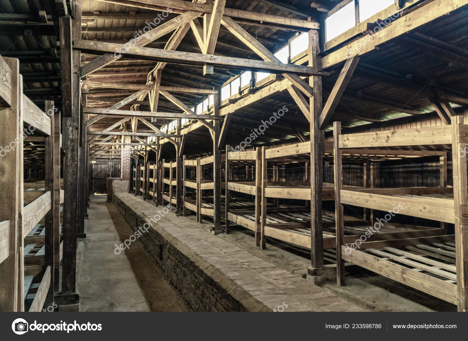 Wooden Bunk Beds Barrack Auschwitz Birkenau Concentration Camp Wooden Bunk Beds Barrack Auschwitz Birkenau Concentration Camp Poland Stock Photo