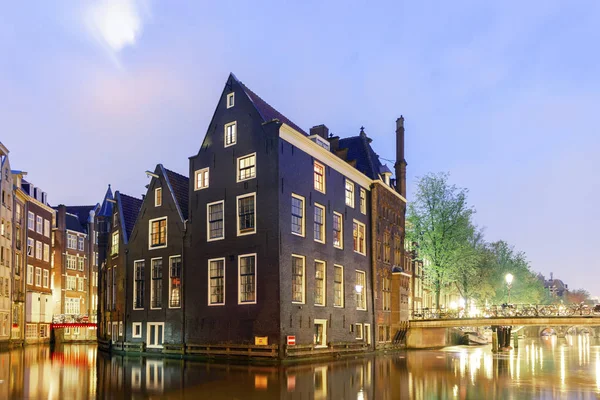 Belles Maisons Bord Des Canaux Soir Amsterdam Hollande — Photo