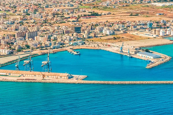 Fragmento Porto Marítimo Larnaca Chipre Vista Aeronave Para Litoral Praias — Fotografia de Stock