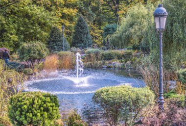  Kiev yakınlarındaki Mezhyhiria 'daki parkın bir parçası, göldeki çeşmeler. Güneş ışığıyla doğanın manzarası.