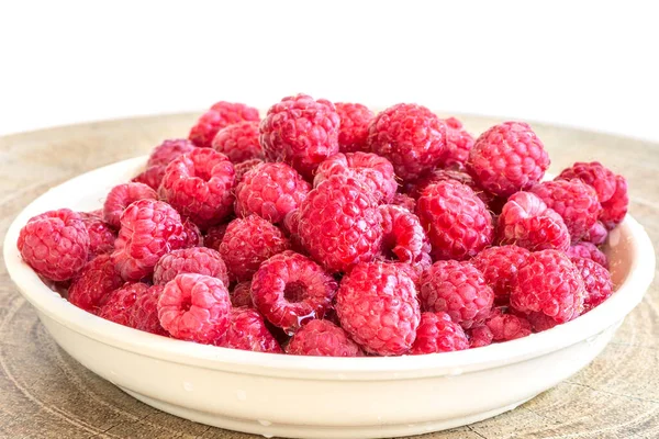Raspberry Berries Plate Table White Background — Stock Photo, Image
