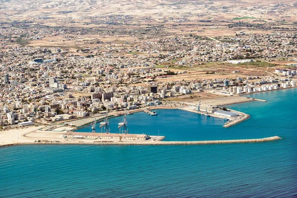 Fragmento Porto Marítimo Larnaca Chipre Vista Aeronave Para Litoral Praias — Fotografia de Stock