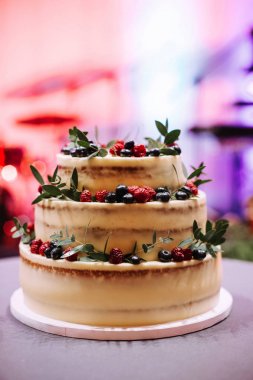 Böğürtlen ve yapraklarla süslenmiş beyaz düğün pastası. Mor ışıklar arkaplanı.