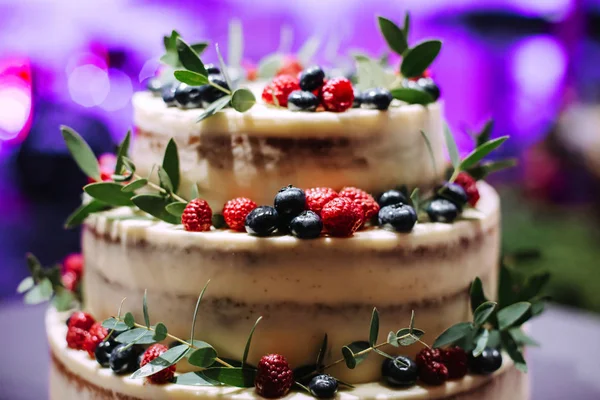 White Wedding Cake Decorated Berries Leaves Purple Lights Background — Stock Photo, Image