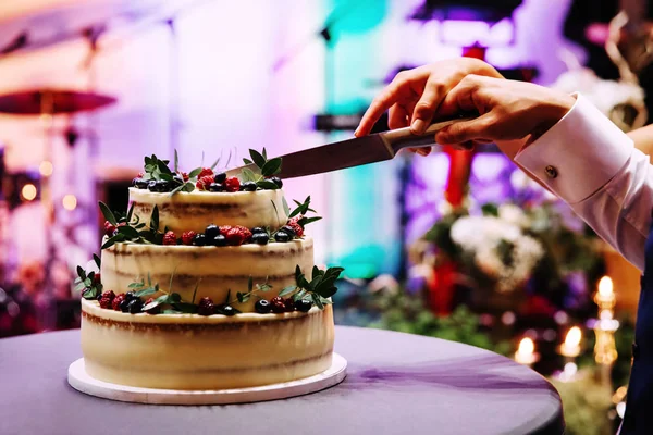 Bride Groom Cutting Wedding Cake Hands Holding Knife Close Image — Stock Photo, Image