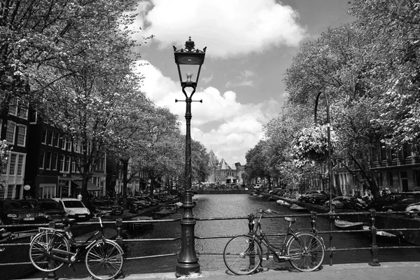 Lâmpada Rua Uma Ponte Através Dos Canais Distrito Histórico Amsterdams — Fotografia de Stock