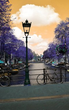 Amsterdams tarihi bölge, Herengracht, Felemenk, Hollanda kanallar arasında bir köprü sokak lambası
