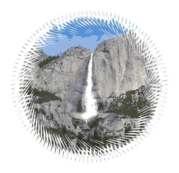 Yosemite Waterval Ons Nationale Park Californië Gedetailleerde Vector Grafische Bumper — Stockvector