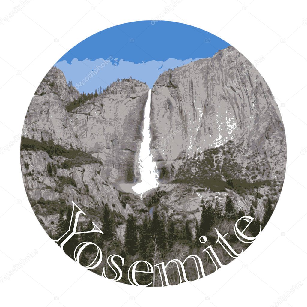 Yosemite Waterfall, US National Park, California - Detailed Vector Graphic, Bumper Sticker Idea