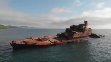 Sakhalin koyunda eski hurda metal ve martılar