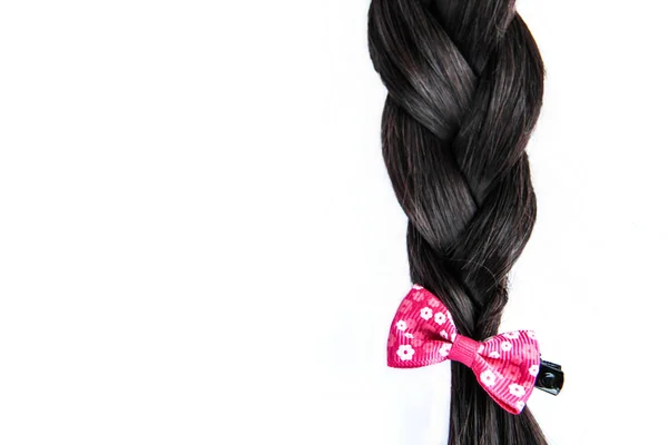 Black Dark Braided Hair Pink Bow Isolated White Background Brunette — Stock Photo, Image