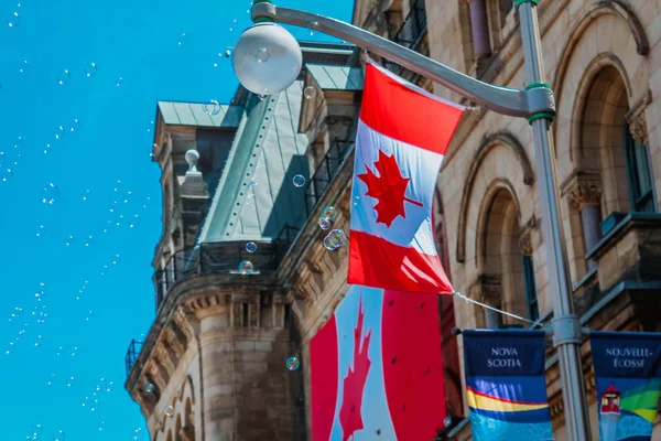 Juli 2019 Kanada Dag Grattis Födelsedagen Kanada Kanadensisk Flagga Byggnad — Stockfoto