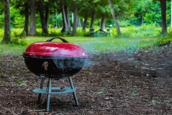 公園内の赤丸のバーベキューチャコールグリルの外煙 — ストック写真