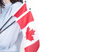 Gri arka planda küçük Kanada bayrağı taşıyan beyaz tişörtlü tanınmamış kız çocuğu, Kanada günü, tatil, oy, göç, vergi, kopya alanı.