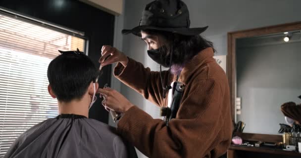 Rear View Asia Barber Shop Hair Cut Queueing Customer Wearing — Stock Video