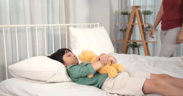 Asian Mother Take Care Watching Her Son Sleep Love Quarantine — Stock Video