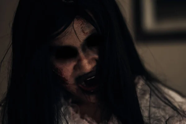 Close Face Horror Ghost Woman Death Halloween Festival Dark House — Fotografia de Stock