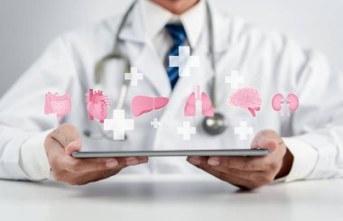 Doktor tedavi ve sağlık hizmetleri için iç organları ve artı tabelaları ile birlikte sigorta hastanesini ve sağlık hizmetlerini inceleyecek..