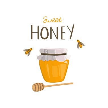 Vector graphic of a honey jar with a spoon for honey, bees and lettering. clipart