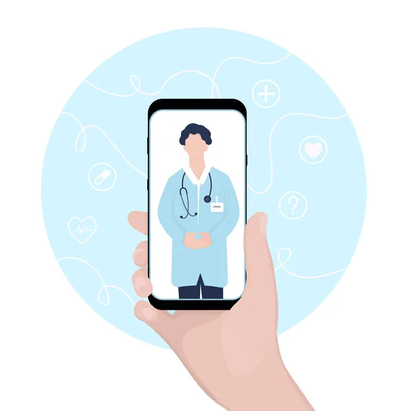 Akıllı telefondaki bir video görüşmesinde bir doktorla çevrimiçi istişare. Tıbbi web sitesi ya da uygulama kavramı. Vektör düz resimleme