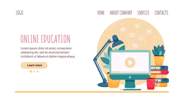 Online eğitimin iniş sayfası şablonu. Web sitesi ve mobil web sitesi için modern düz tasarım konsepti. Düzenlemek ve kişiselleştirmek kolay. Vektör illüstrasyonu.