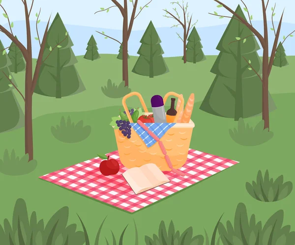 Sommerpicknick auf Waldboden. Familienkonzept mit Picknick-Party. Strohkorb, Wein und Essen für einen Ausflug in den öffentlichen Park. — Stockvektor