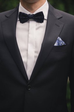 Yakışıklı şık genç moda erkek ceket smokin Klasik takım elbise kostüm ve papyon. Modern iş adamı