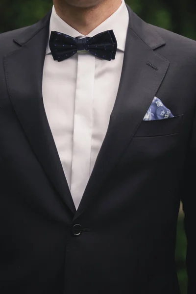 Bonito elegante jovem homem de moda em casaco smoking traje terno clássico e gravata borboleta. Empresário moderno — Fotografia de Stock