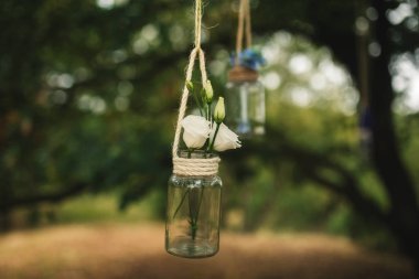 Gül ve ormanda ağaçların arasında bir iş parçacığı üzerinde askıya diğer çiçek düğün süslemeleri küçük şişeler gelen dolu