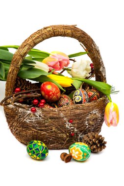 Bahar tebrik kartı. Paskalya yumurtaları ahşap sepet içinde. Bahar çiçekler. Beyaz arka plan üzerinde izole Paskalya yumurtaları sepetle