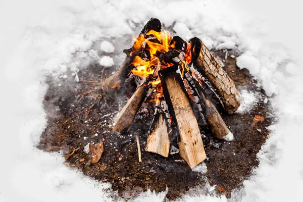 Campfire burns in the snow in the woods.. campfire burning in cold winter. Snow, forest and fire. Winter. Tourism. Flames on snow. Nature.
