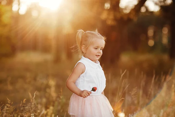 Ta holka chodí do parku při západu slunce. milé děťátko v růžové sukni — Stock fotografie