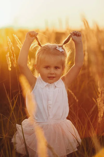 Niedliche Baby Mädchen 3-4 Jahre alt aus nächster Nähe. Sommerzeit. Kindheit. kleines Mädchen mit zwei Schwänzen. kleines hübsches Mädchen auf dem Feld — Stockfoto