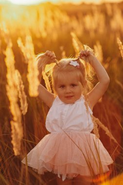 Güneşli bir yaz gününde çiçekli alanda chamomiles bir çelenk içinde güzel bir küçük gülümseyen kız