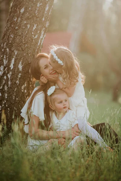 Glad familj i en Park, Mamma och deras två underbara dotter ligger på gräset medan de tittar på kameran — Stockfoto