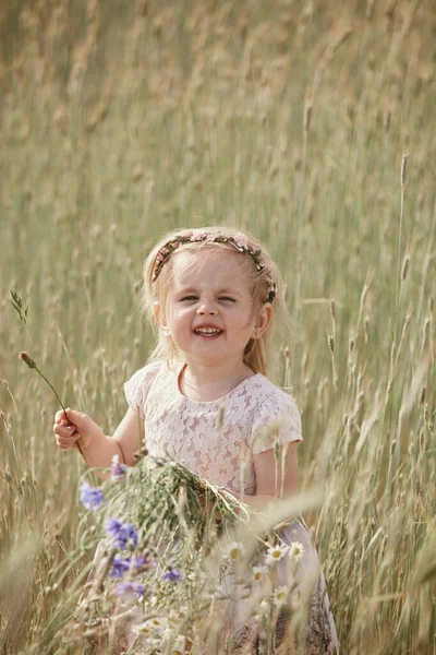 Uma menina num campo de trigo. menina com um buquê de trigo à luz do sol. tiro ao ar livre — Fotografia de Stock