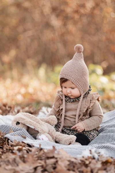 Ekose üzerinde oturan güzel bir kız bebek. Çocuk dışarıda. Bebek güneşli bir günde sonbahar parkında piknikte. Güzel küçük kız.
