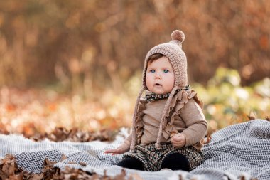 Ekose üzerinde oturan güzel bir kız bebek. Çocuk dışarıda. Bebek güneşli bir günde sonbahar parkında piknikte. Güzel küçük kız.