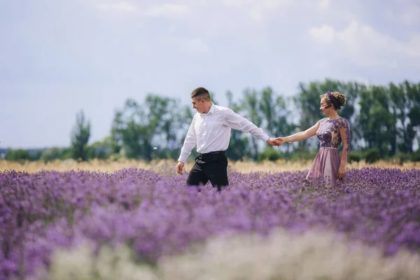 这对恋爱中的年轻夫妇手牵手在薰衣草地里散步 穿着华丽紫色衣服的女孩 — 图库照片