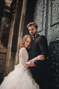 Eski yeşil kapının yanında düğün çifti kucaklaşması. Eski kasabanın arka planında taş duvarlar. Uzun saçlı, dantel elbiseli, damat takım elbiseli ve papyonlu gelin. Şefkatle sarıl. Romantik aşk