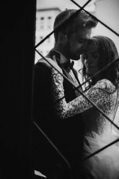 Photo Noir Blanc Les Jeunes Mariés Élégants Câlinent Derrière Une — Photo