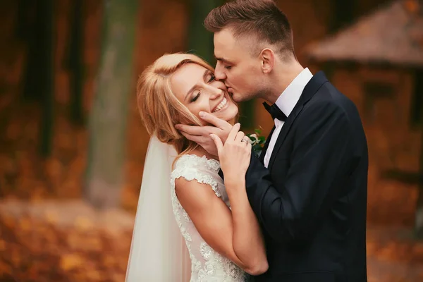 Vőlegény Megcsókolja Menyasszonyt Őszi Parkban Gyönyörű Virágcsokorral Vőlegény Fekete Öltönyben — Stock Fotó