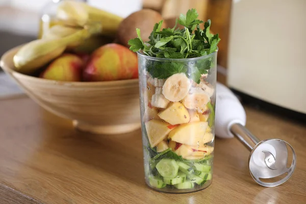 Glass Delicious Yogurt Mint Fresh Strawberries Banana Lime Nectarine Wicker — Stock Photo, Image