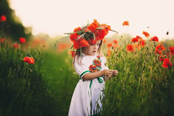 Όμορφο Κοριτσάκι Στεφάνι Παπαρούνας Στο Κεφάλι Χαριτωμένο Παιδί Άγρια Παπαρούνες — Φωτογραφία Αρχείου