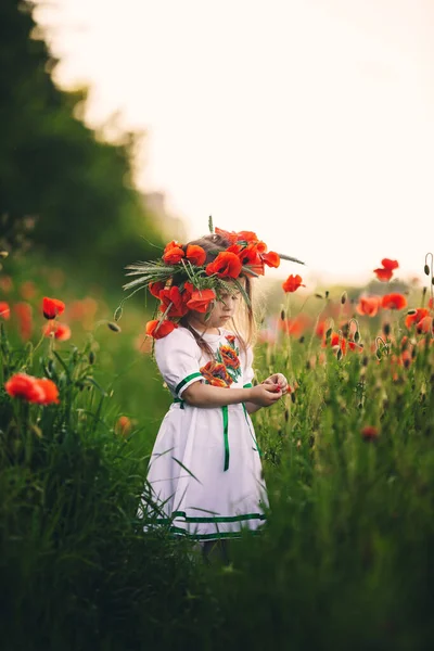 Красива Маленька Дівчинка Вінок Маками Білій Сукні Букетом Диких Квітів — стокове фото