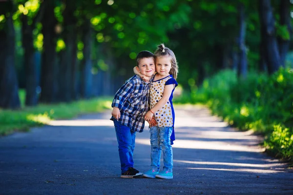 Children Love Little Boy Girl Having Fun Laugh Smile Kiss — стоковое фото